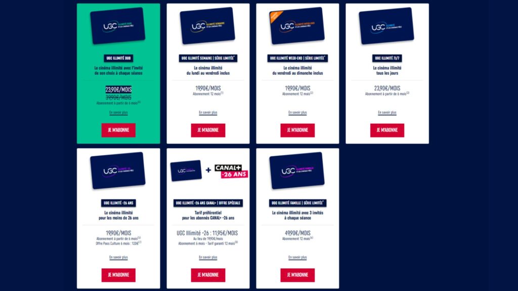 Les autres abonnements disponibles chez UGC // Source : UGC