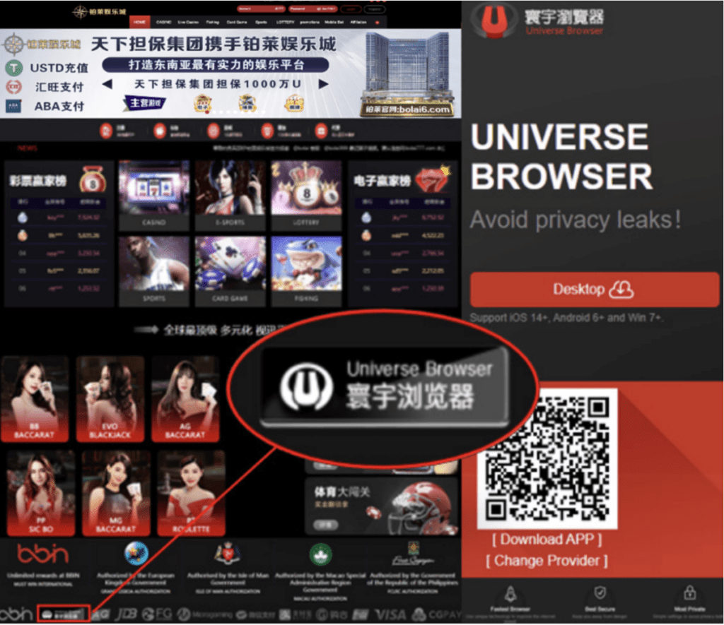 Le navigateur Universe Browser était disponible au téléchargement en bas de pages de plusieurs site des jeux en ligne chinois // Source : Infoblox