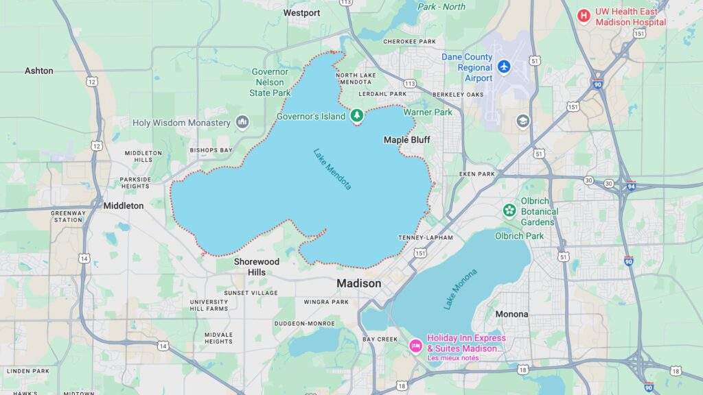 Lac Mendota près de la ville de Madison aux États-Unis // Source : Capture d'écran -Numerama Lac Mendota près de la ville de Madison aux États-Unis // Source : Capture d'écran -Numerama