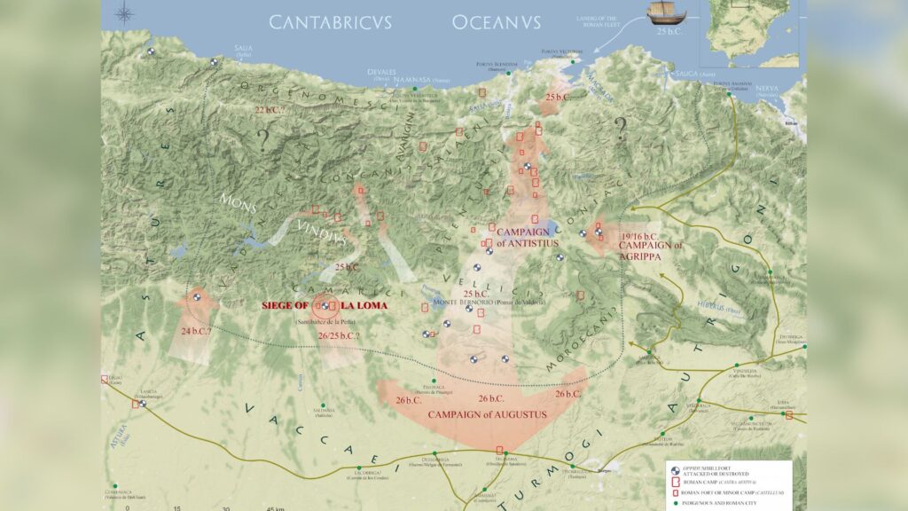 Carte générale des guerres cantabriques et de leur développement hypothétique, selon les enquêtes archéologiques et historiques actuelles. L'emplacement du siège de La Loma est mis en évidence. // Source : The human skull from the siege of La Loma, journal of Roman archaelogoy