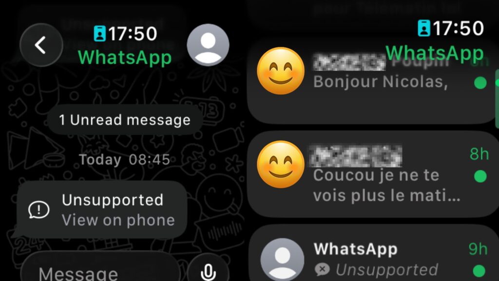 WhatsApp sur Apple Watch. // Source : Numerama WhatsApp sur Apple Watch. // Source : Numerama