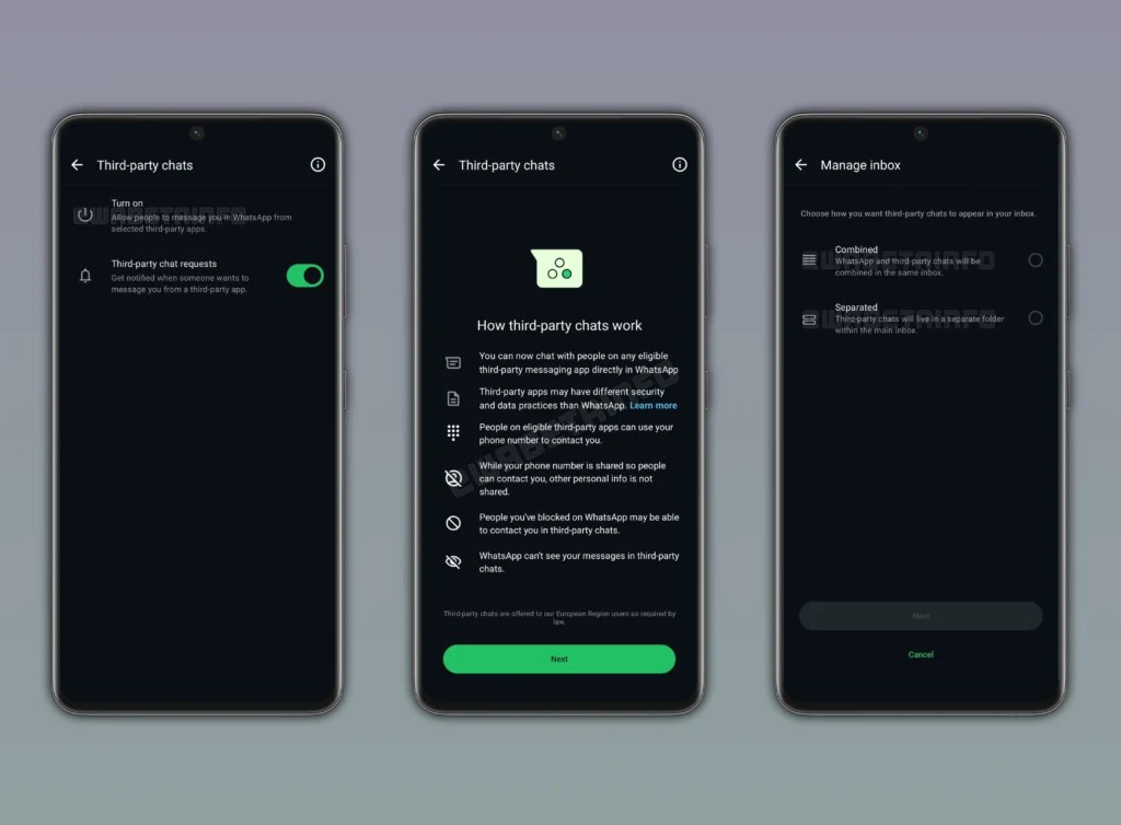 WhatsApp testerait actuellement la compatibilité avec des applications de messagerie tierces. // Source : WABetaInfo WhatsApp testerait actuellement la compatibilité avec des applications de messagerie tierces. // Source : WABetaInfo