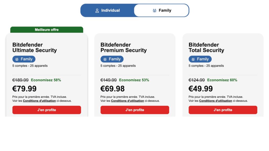 Plusieurs formules possibles avec jusqu'à 60 % de remise durant le Black Friday // Source : Bitdefender