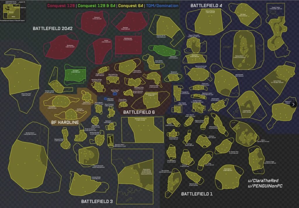 Comparaison des cartes des jeux Battlefield  // Source : Reddit