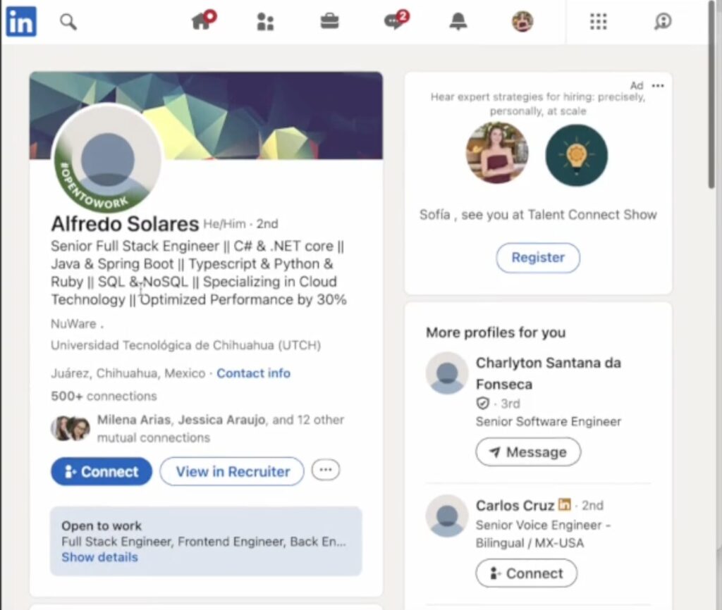 Profil LinkedIn frauduleux, supprimé peu de temps après l'entretien // Source : quetzal.bitso.com