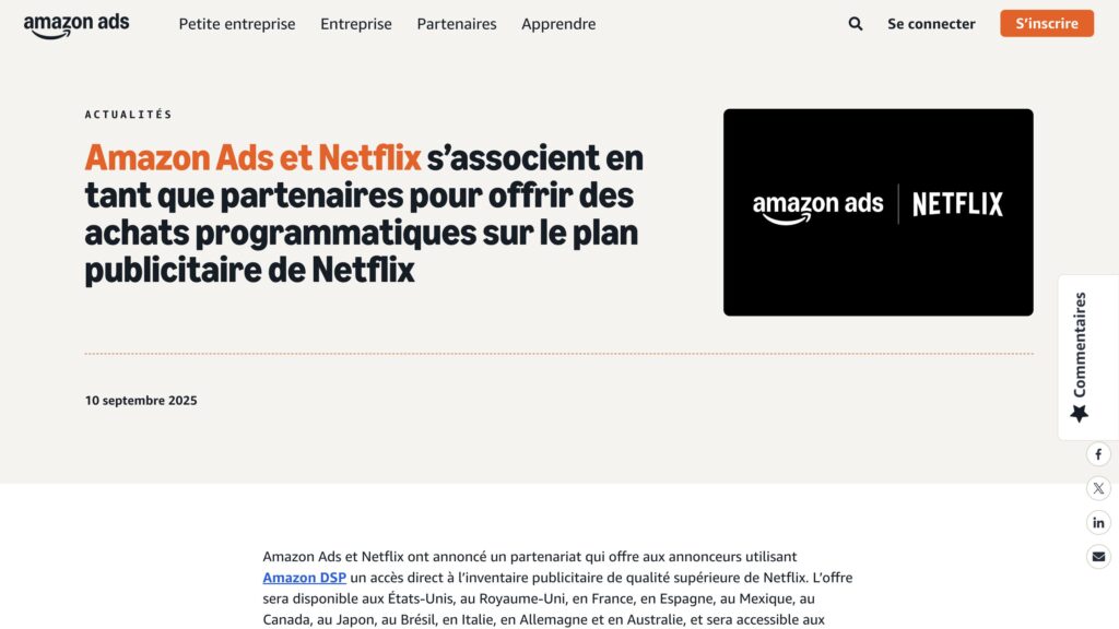 Amazon et Netflix ont annoncé un partenariat le 10 septembre 2025. // Source : Amazon Ads / Netflix Amazon et Netflix ont annoncé un partenariat le 10 septembre 2025. // Source : Amazon Ads / Netflix