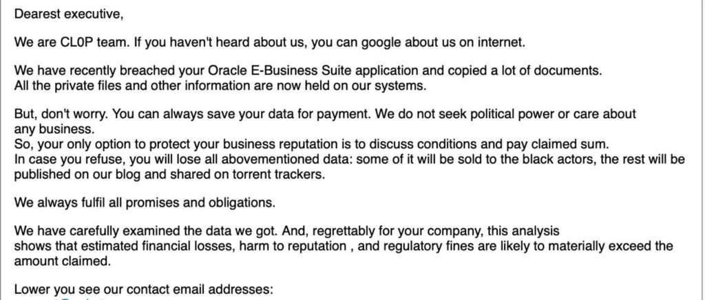Capture d'écran d'un mail envoyé par le gang d'extorsion Cl0p // Source : Bleeping Computer Capture d'écran d'un mail envoyé par le gang d'extorsion Cl0p // Source : Bleeping Computer