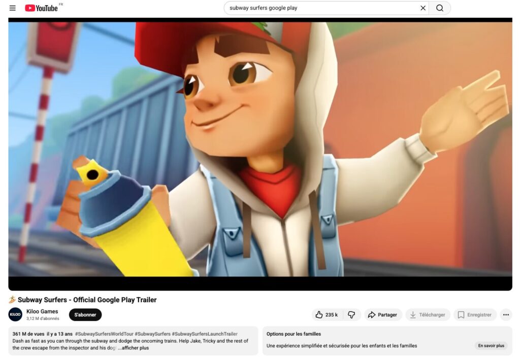 Ce trailer de Subway Surfers cumule exactement 361 690 730 vues au 17 novembre 2025. // Source : Kiloo Games Ce trailer de Subway Surfers cumule exactement 361 690 730 vues au 17 novembre 2025. // Source : Kiloo Games
