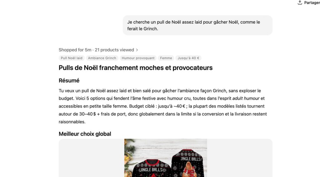 La recherche shopping fournit une liste de propositions. // Source : Capture d'écran