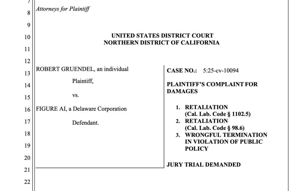La plainte déposée par Robert Gruendel contre Figure AI. // Source : Capture d'écran La plainte déposée par Robert Gruendel contre Figure AI. // Source : Capture d'écran
