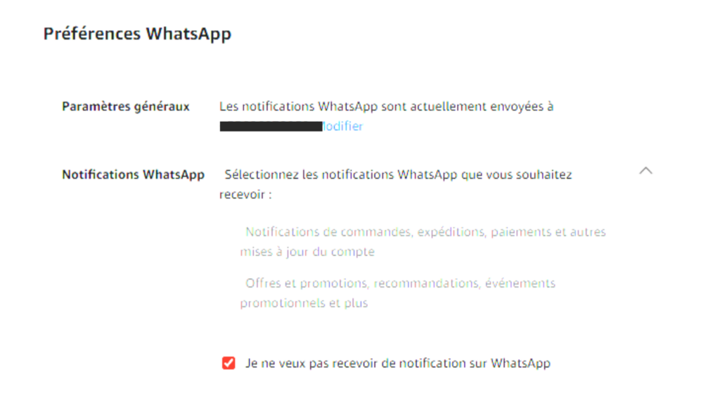 Préférences WhatsApp sur Amazon // Source : Capture d'écran Numerama