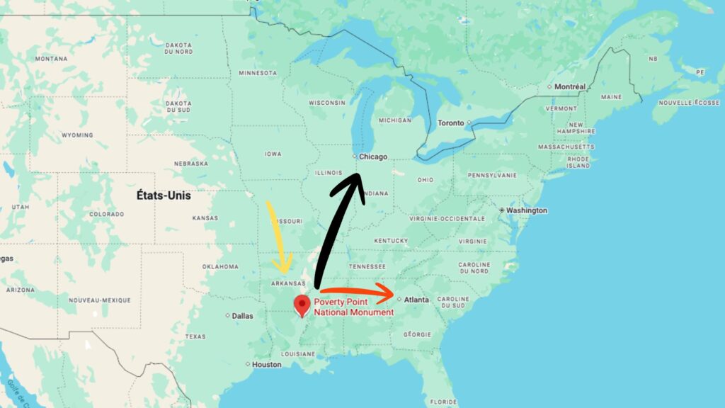 Capture écran Google Maps avec des flèches montrant les endroits d'où certains artefacts retrouvés sur le site proviennent // Source : Capture écran annotée par Numerama Capture écran Google Maps avec des flèches montrant les endroits d'où certains artefacts retrouvés sur le site proviennent // Source : Capture écran annotée par Numerama