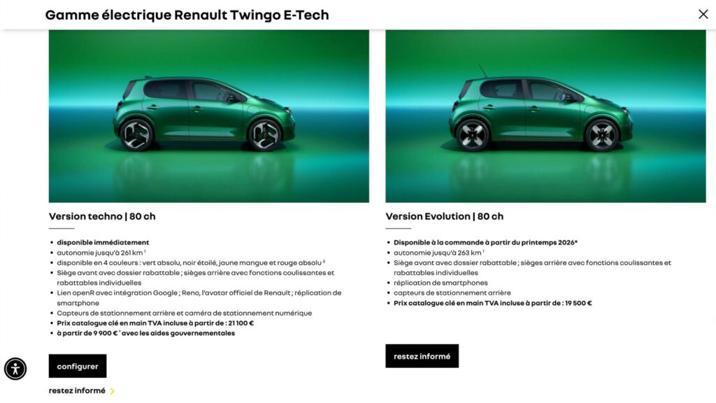 La gamme de la Renault Twingo électrique en Italie. // Source : Renault (Italie) La gamme de la Renault Twingo électrique en Italie. // Source : Renault (Italie)