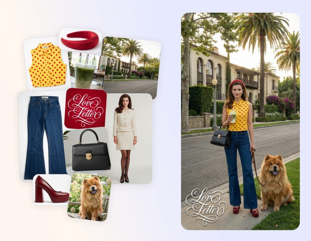 Dans cet exemple, Nano Banana Pro génère une photo à partir de plusieurs images. Il réalise un travail de composition comme avec des calques Photoshop.