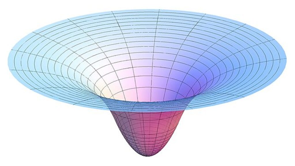 Vue d'artiste d'un puits gravitationnel d&eacute;formant l'espace-temps