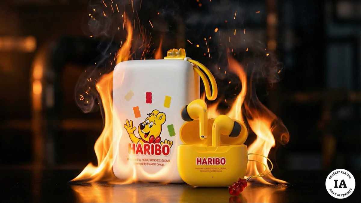 Les accessoires Haribo en feu. // Source : Image générée par Nano Banana Pro