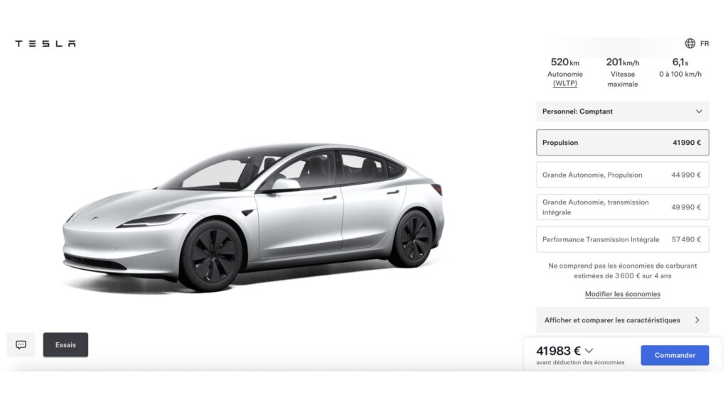 La Tesla Model 3 est passée à 41 990 € en novembre 2025. // Source : Configurateur Tesla