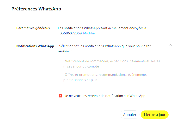 Préférences WhatsApp sur Amazon // Source : Capture d'écran Numerama