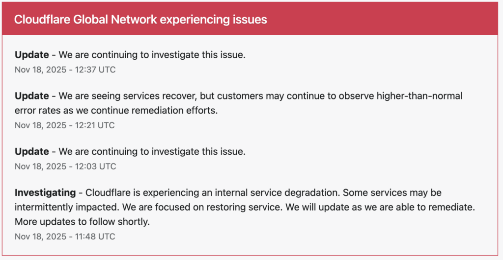 Cloudflare a confirmé une panne peu vers 12h48 en France. À 13h37, rien n'avait été résolu. Cloudflare a confirmé une panne peu vers 12h48 en France. À 13h37, rien n'avait été résolu.