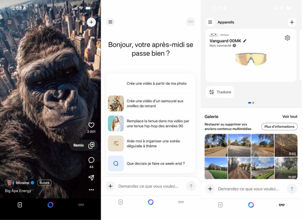 La nouvelle interface de Meta AI, avec ses trois onglets.