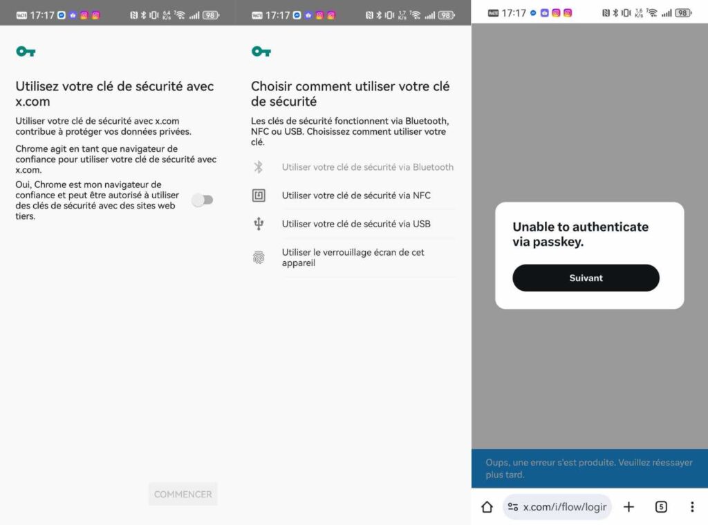Un drame en trois actes : dès qu'un passkey est sollicité, Huawei affiche ces menus qui manquent de clarté et ne gèrent pas l'authentification avec un autre appareil. Le résultat est systématiquement un échec. Un drame en trois actes : dès qu'un passkey est sollicité, Huawei affiche ces menus qui manquent de clarté et ne gèrent pas l'authentification avec un autre appareil. Le résultat est systématiquement un échec.