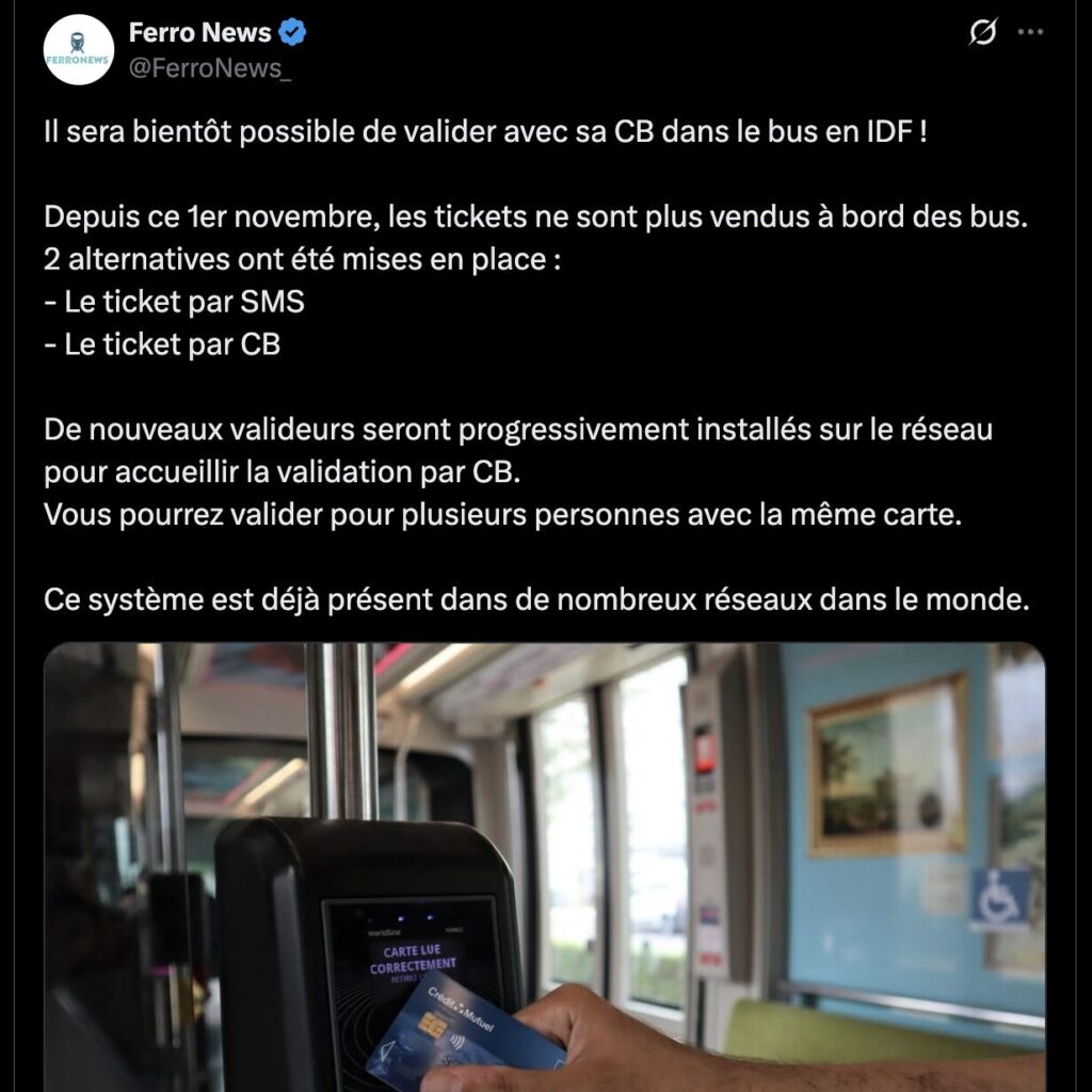 Ce tweet révèle l'existence de bornes CB dans les bus d'Île-de-France, mais il n'indique pas qu'il ne s'agit pas d'un remplaçant du passe Navigo.