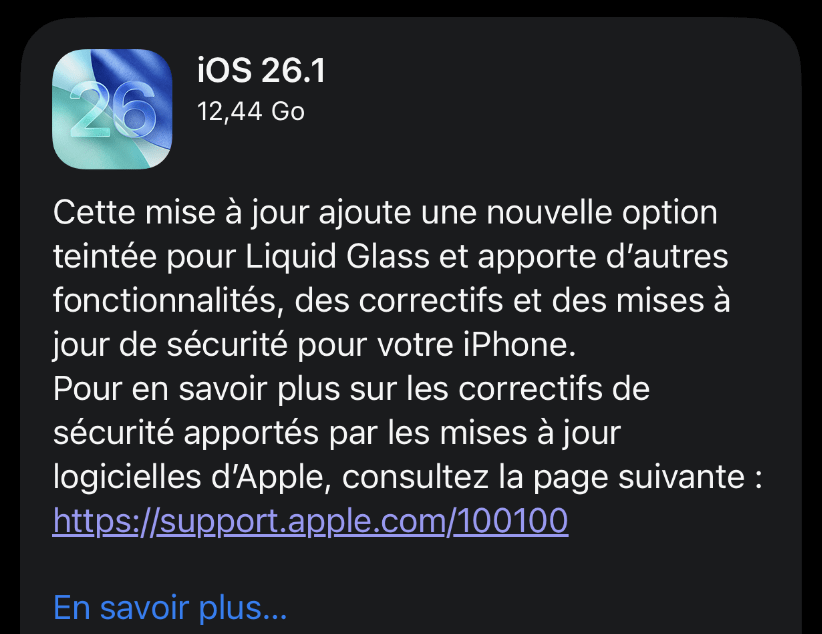 iOS 26.1 avec son changelog en français.