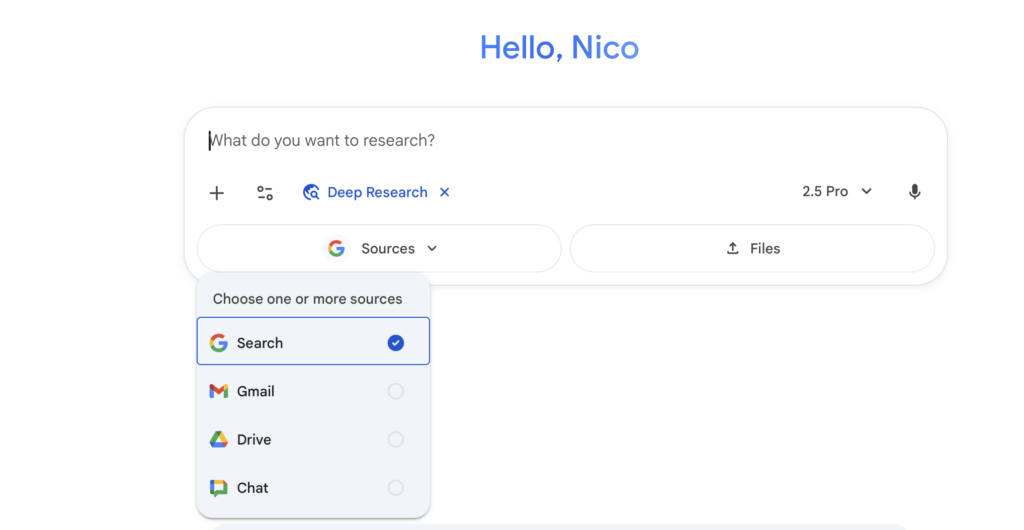 Quand on choisit Deep Research, on peut choisir les sources, dont Gmail et Drive. Quand on choisit Deep Research, on peut choisir les sources, dont Gmail et Drive.