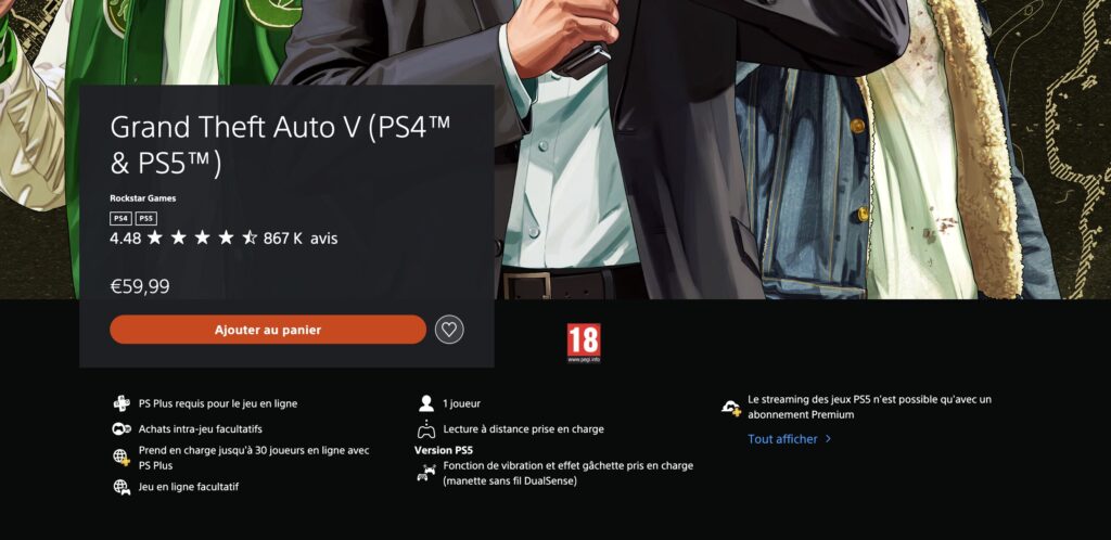 GTA V coûte encore 59,99 euros en version démat PS4+PS5 aujourd'hui. GTA V coûte encore 59,99 euros en version démat PS4+PS5 aujourd'hui.