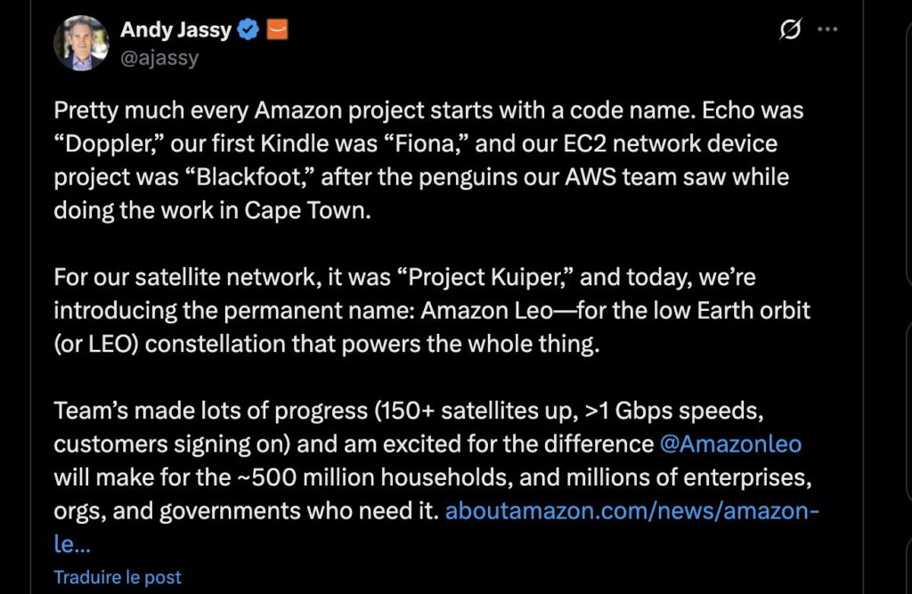 Le tweet d'Andy Jassy pour annoncer le nom permanent d'Amazon Leo.