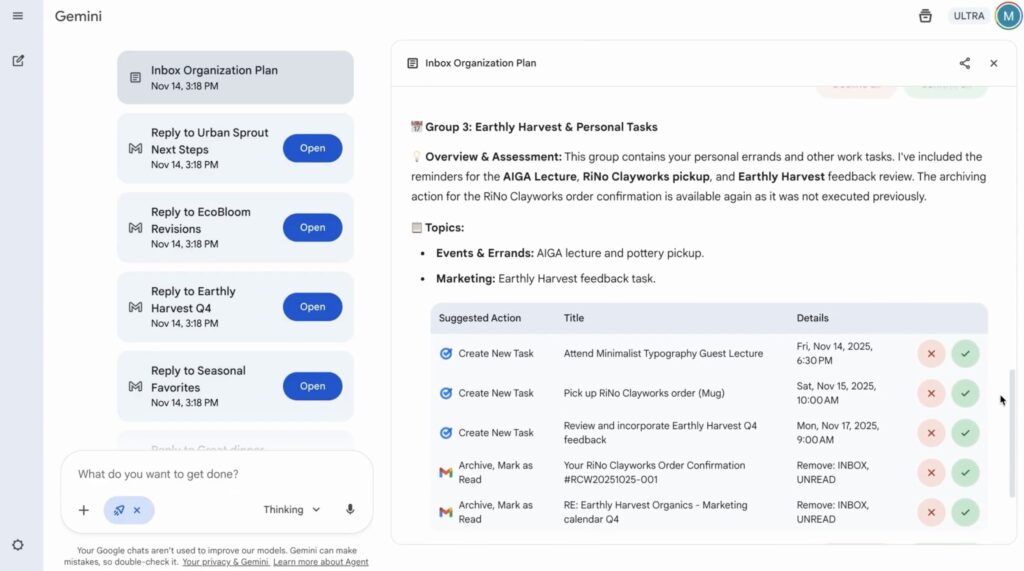 Le mode Agent permet à Gemini 3 de contrôler vos applications Google pour automatiser des réponses.