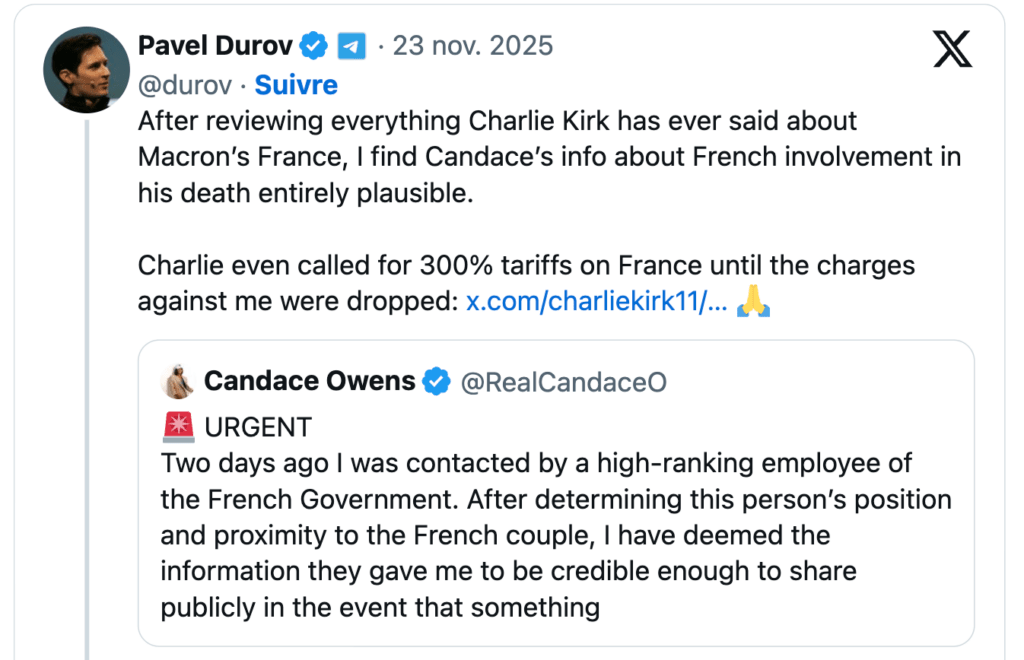 Pavel Durov qui relaie du Candace Owens ? C'est inédit.