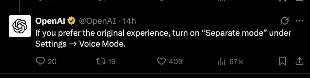 Dans les réglages, ChatGPT propose un « mode séparé » pour la voix. Dans les réglages, ChatGPT propose un « mode séparé » pour la voix.