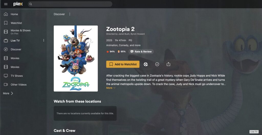 Le film Zootopia 2 sur Plex. // Source : Plex