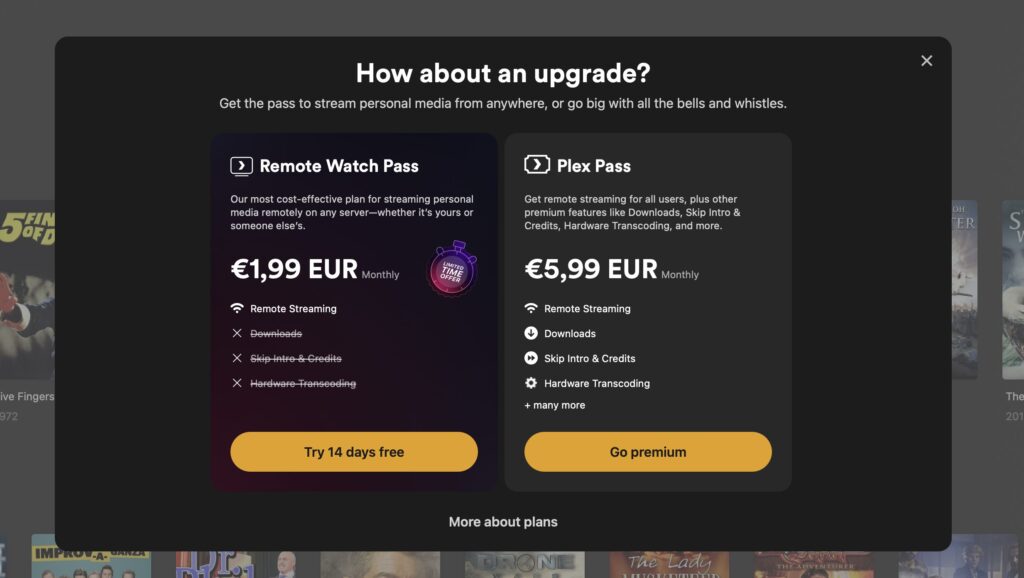Les tarifs du Remote Watch Pass et du Plex Pass.  // Source : Capture d'écran 