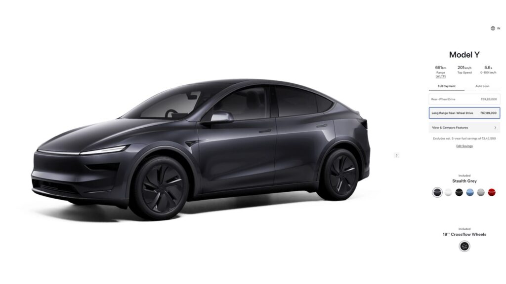 Le Tesla Model Y Grande Autonomie Propulsion passe à 661 km d'autonomie. // Source : Tesla (configurateur Inde)