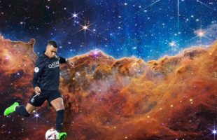 Mbappé jouant sur la nébuleuse de la Carène vue par le JWST. Montage Numerama