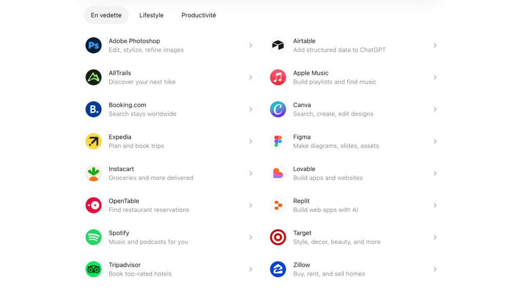 Une partie des applications propos&eacute;es dans ChatGPT.  // Source : Capture d'&eacute;cran 