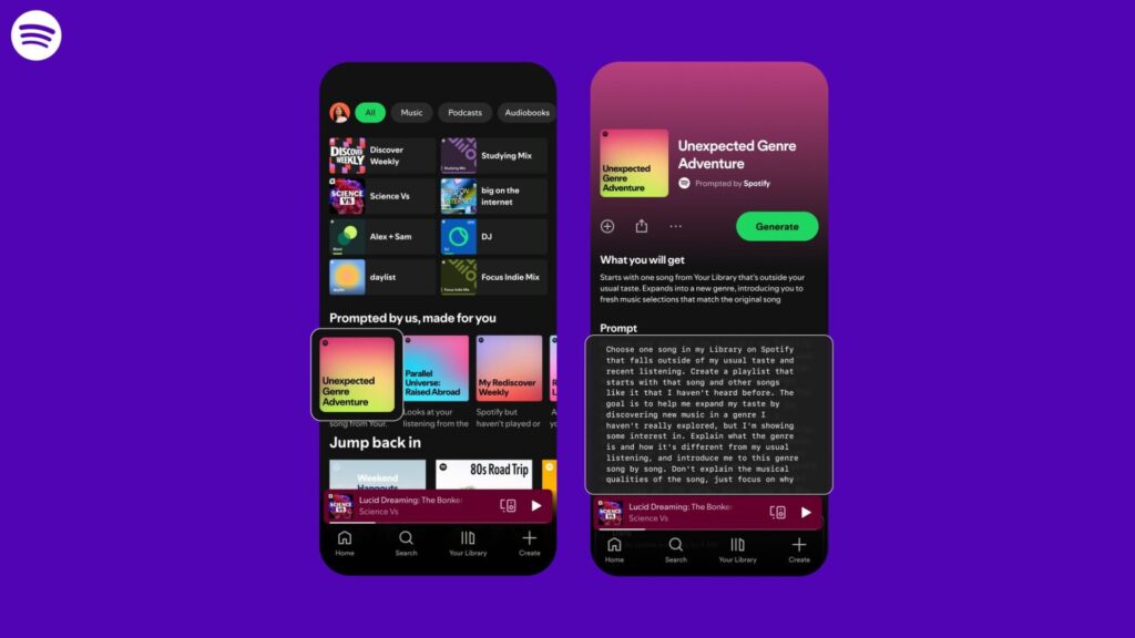 Cette fonctionnalité permet de générer des playlists à partir d’instructions en langage naturel. // Source : Spotify Cette fonctionnalité permet de générer des playlists à partir d’instructions en langage naturel. // Source : Spotify