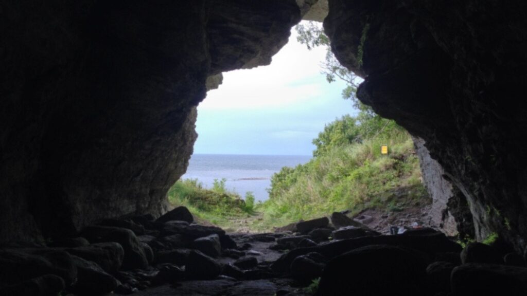 Vue de la grotte de Stora Förvar sur l'île de Karlsö. La grotte a été explorée entre 1888 et 1893. La nature calcaire du substratum rocheux a permis une excellente conservation des restes squelettiques qui y ont été découverts. // Source : Jan Storå
