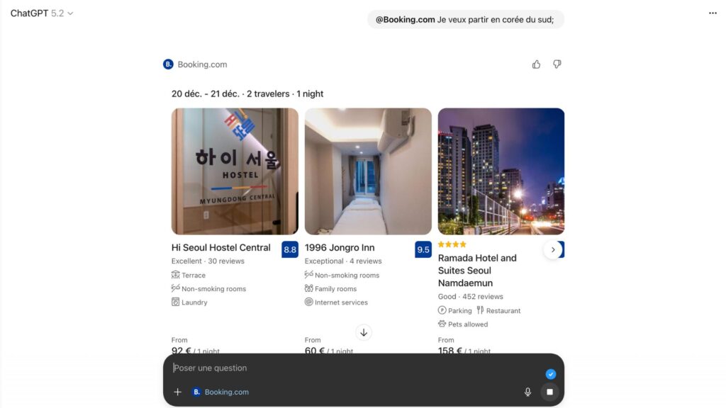 Nous avons essay&eacute; (de fa&ccedil;on minimaliste) une requ&ecirc;te via l'application Booking.com dans ChatGPT.  // Source : Capture d'&eacute;cran 