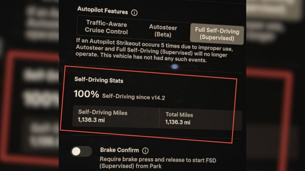 Un propriétaire de Tesla a roulé près de 2 000 km entièrement en mode FSD. // Source : Swayer Merritt via X