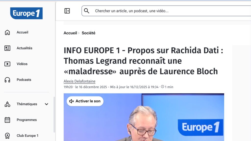 L'article publi&eacute; par Europe1 le 16 d&eacute;cembre 2025.  // Source : Europe 1