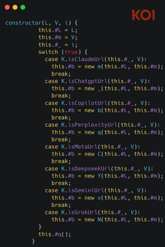 Extrait de code vérifiant si l'URL visitée fait partie de la liste des IA espionnées par l'extension // Source : KOI Security Extrait de code vérifiant si l'URL visitée fait partie de la liste des IA espionnées par l'extension // Source : KOI Security