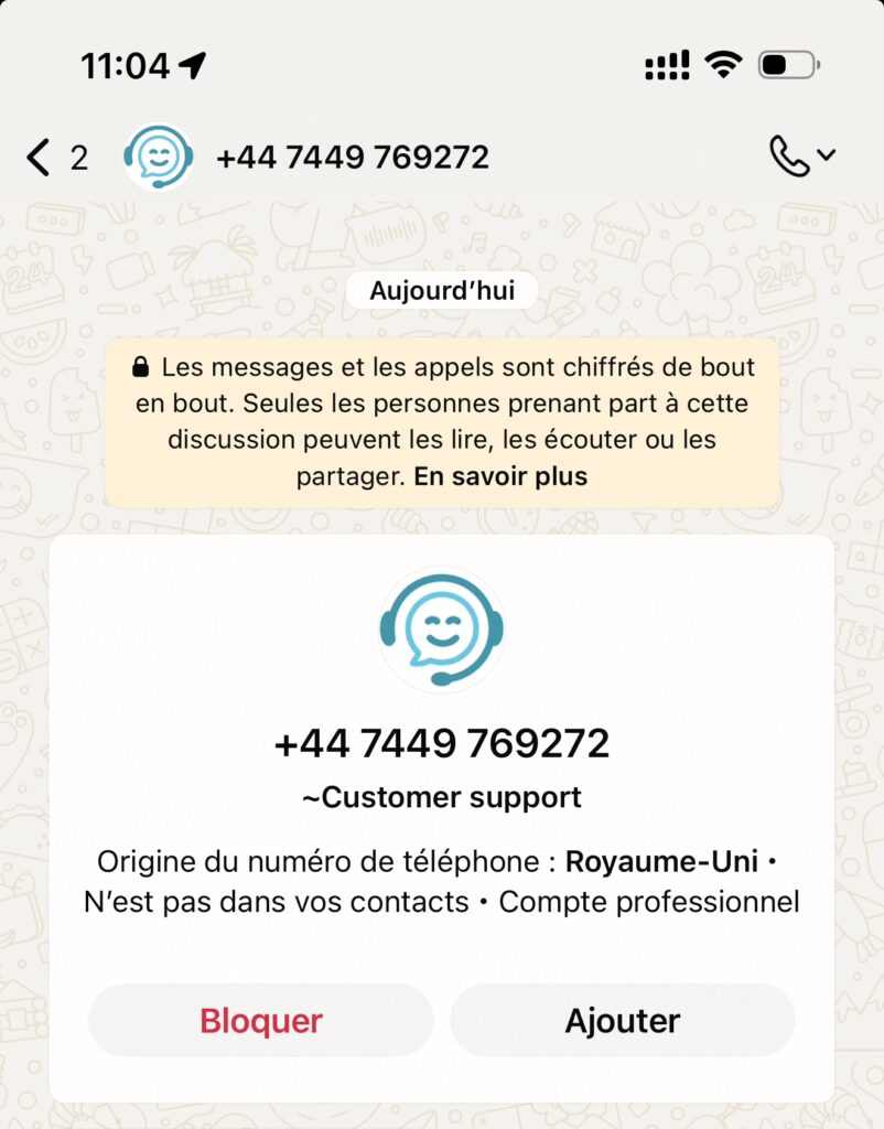 Capture d'écran du faux support client sur Whatsapp // Source : Numerama Capture d'écran du faux support client sur Whatsapp // Source : Numerama
