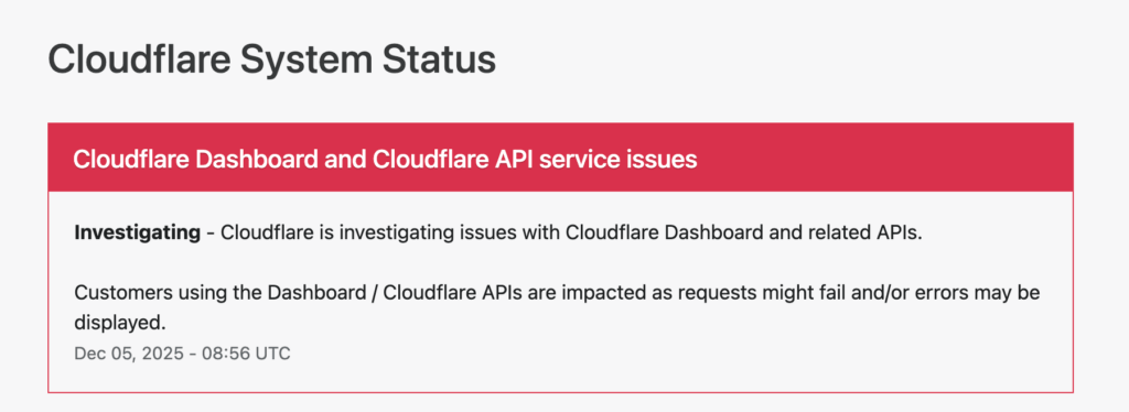 Message d'urgence publié par Cloudflare à 9h56 heure française // Source : Capture Numerama Message d'urgence publié par Cloudflare à 9h56 heure française // Source : Capture Numerama