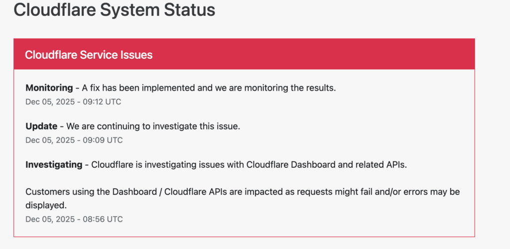 Message publié par Cloudflare à 10h12 // Source : cloudflarestatus.com Message publié par Cloudflare à 10h12 // Source : cloudflarestatus.com