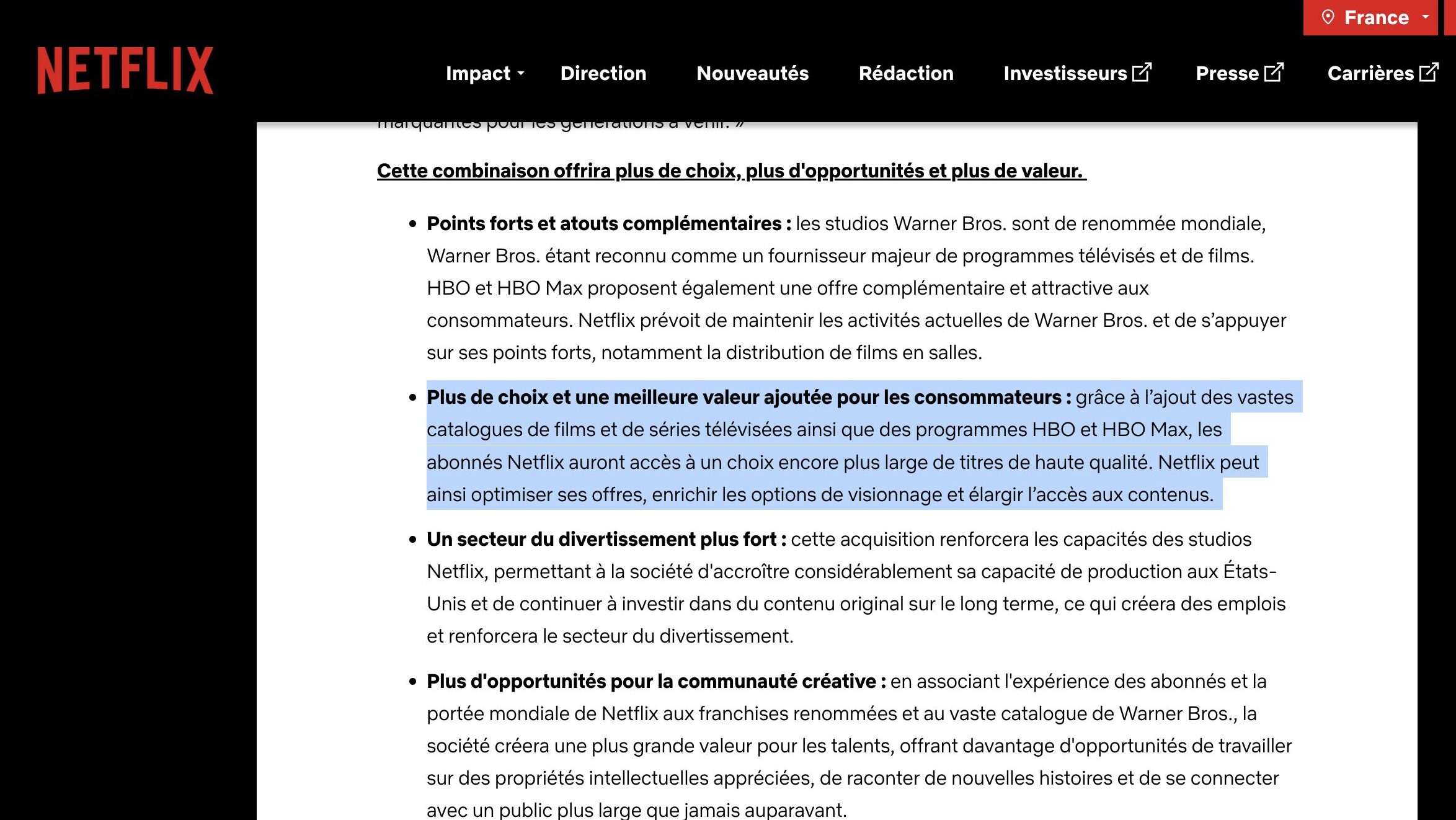 Le communiqué de Netflix et Warner Bros. Discovery // Source : Netflix / Warner Bros. Discovery Le communiqué de Netflix et Warner Bros. Discovery // Source : Netflix / Warner Bros. Discovery