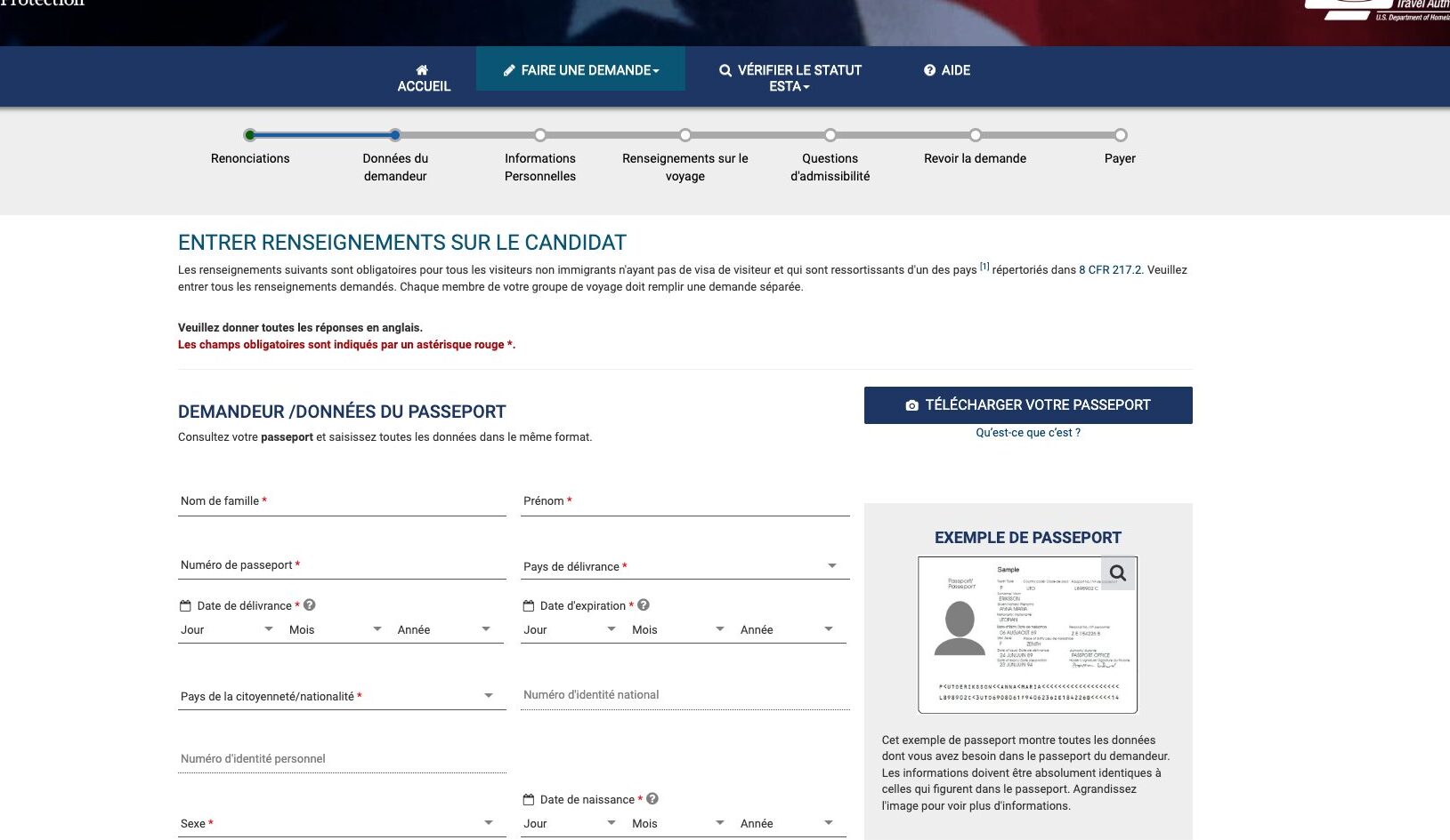 La page pour remplir une demande d'ESTA.  // Source : U.S Customs and Border Protection