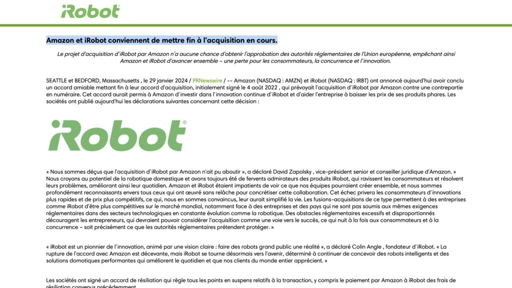 Amazon et iRobot ont annoncé mettre fin au projet de rachat le 29 janvier 2025. // Source : iRobot Amazon et iRobot ont annoncé mettre fin au projet de rachat le 29 janvier 2025. // Source : iRobot